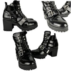 Festival Rock Strappy Retro Ankle Boots Y2K Punk Booties Black Womens 7.5